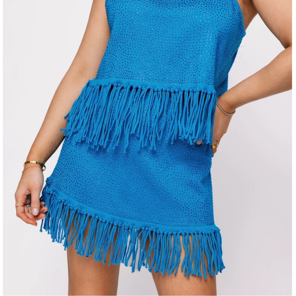 Queen of Sparkles Aqua Blue Rhinestone Fringe Skirt Size L NWT